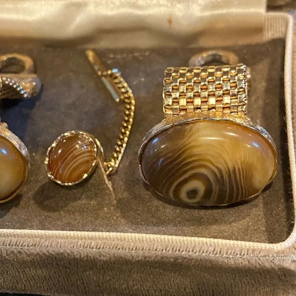 Vintage Dante Cuff Links Tie Tack Gold Tone Agate Look with Box